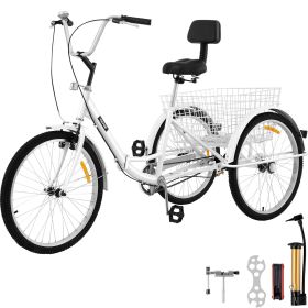 VEVOR Tricycle Adult 24'' Wheels Adult Tricycle 1-Speed 3 Wheel Bikes White For Adults Three Wheel Bike For Adults Adult Trike Adult Folding Tricycle